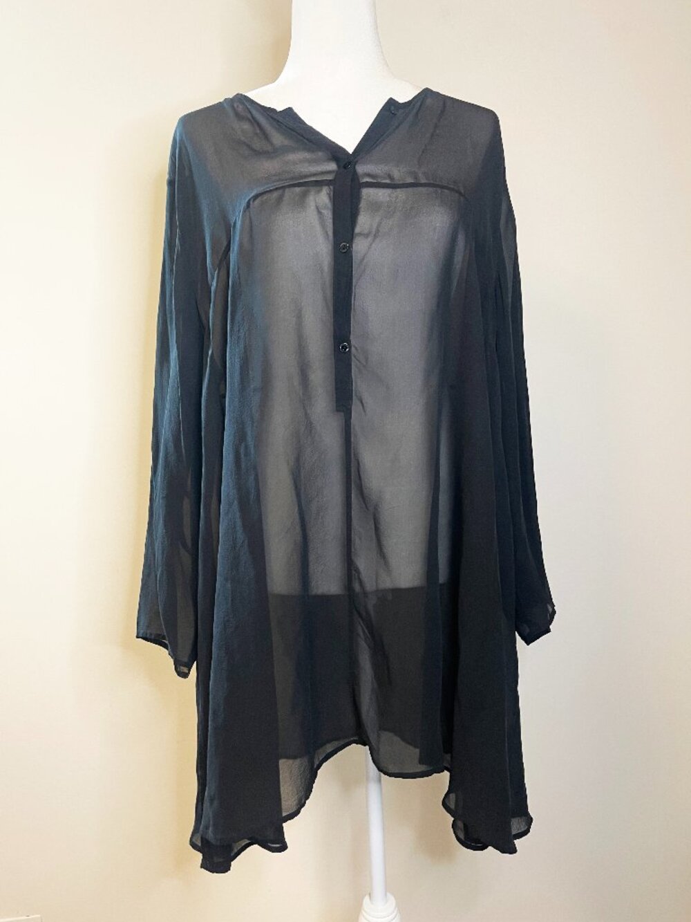 Eileen Fisher Black Sheer 100% Silk Button Front Tunic Blouse Minimalist Layer